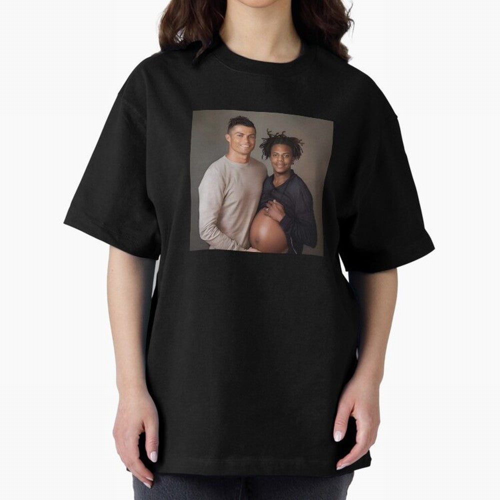 Cristiano Ronaldo and IShowSpeed pregnant. Oversized T-Shirt Bring a Vintage Feel to Global Football Passion for FIFA World Cup 2026, Celebrating Haaland and Mbappe, Brazil, Vintage Soccer Flavor, Modern Football Stars, National Flags and Final