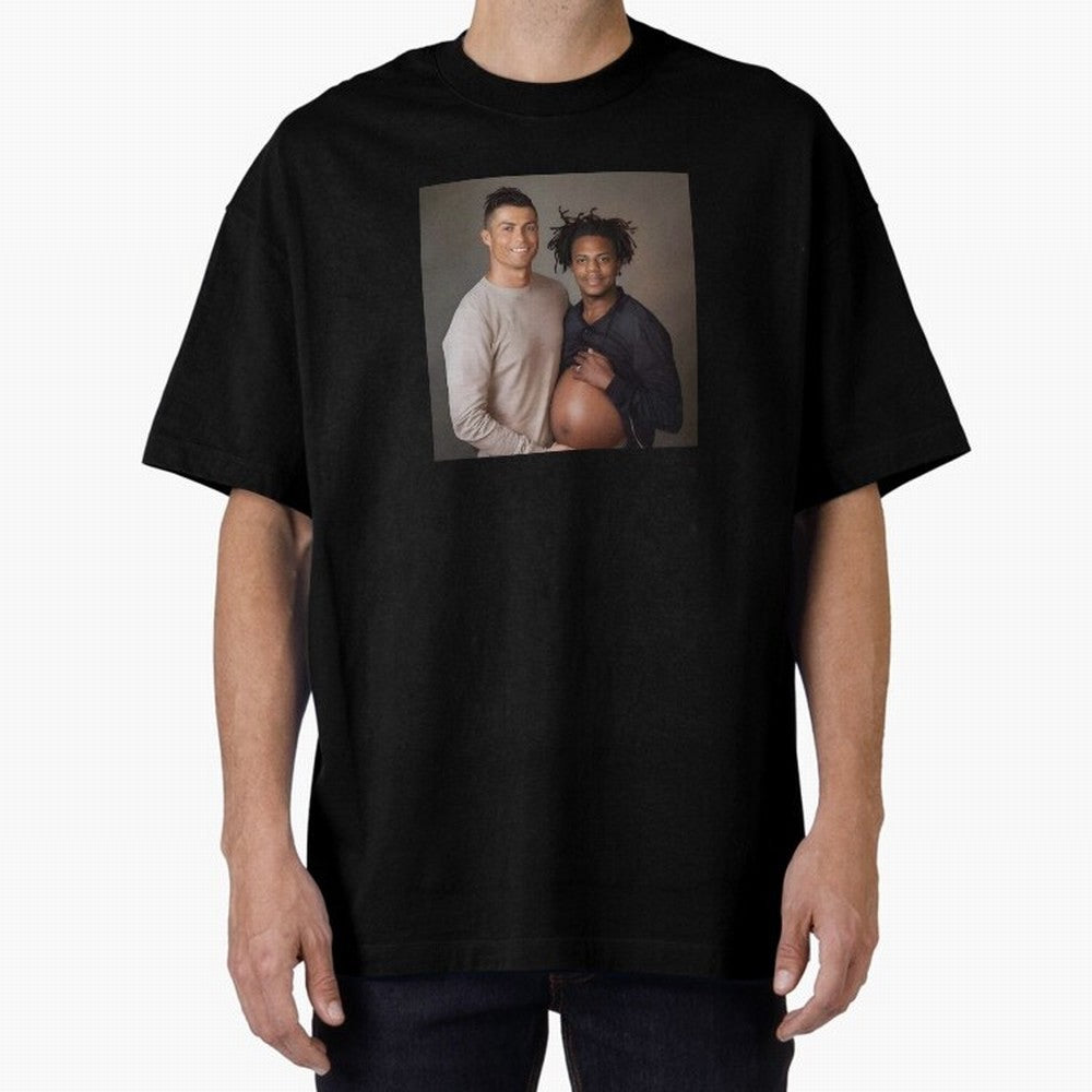 Cristiano Ronaldo and IShowSpeed pregnant. Oversized T-Shirt Bring a Vintage Feel to Global Football Passion for FIFA World Cup 2026, Celebrating Haaland and Mbappe, Brazil, Vintage Soccer Flavor, Modern Football Stars, National Flags and Final