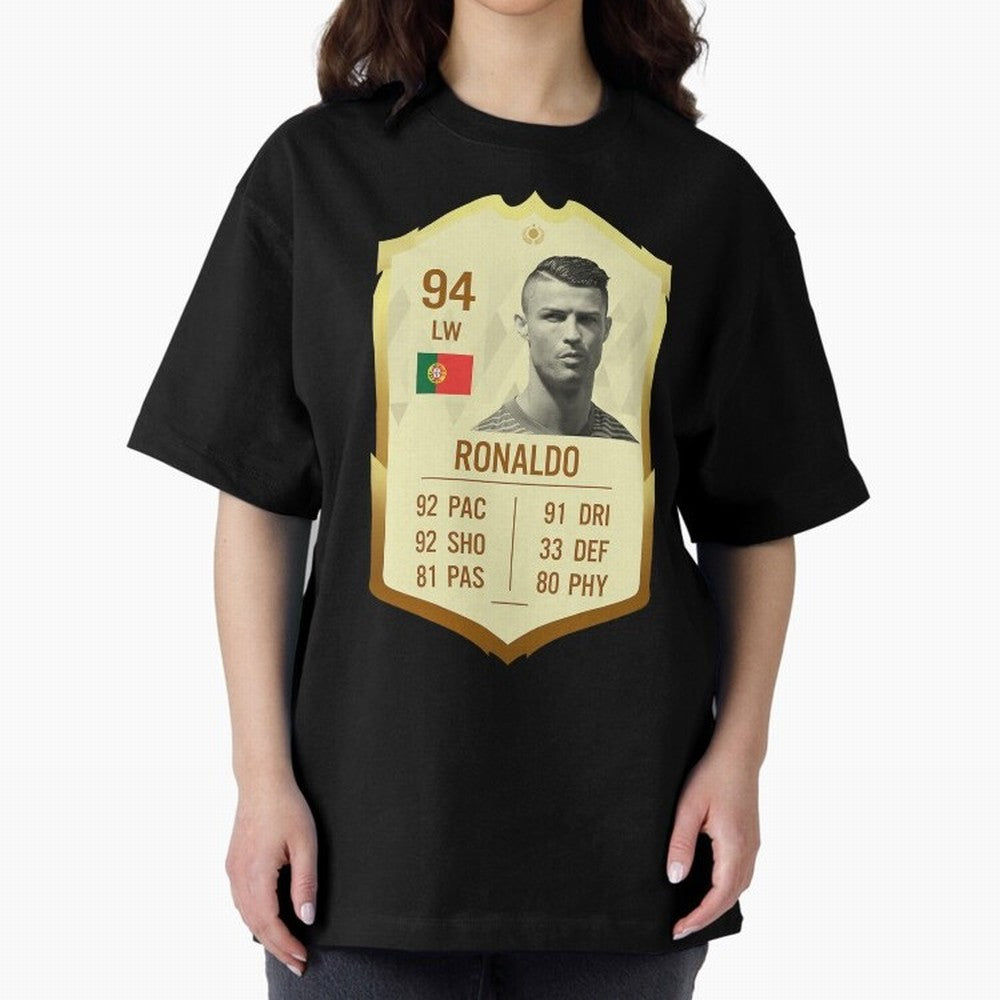 Cristiano Ronaldo Ultimate Card Oversized T-Shirt Spotlight the FIFA World Cup 2026 Journey through CR7 Highlights, Brazil Pride, Fan Favorite Moments, National Team Passion, Big Match Drama and Soccer History; Great for Supporters Who Love