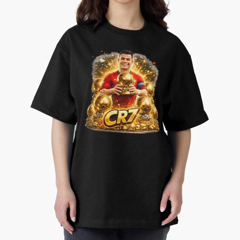 CR7 Five Ballon d'Or Trophies Cartoon ¨C Football Legend Illustration Oversized T-Shirt Bring Home FIFA World Cup 2026 for Fans of Cristiano Ronaldo, Haaland and CR7 and France and Portugal, Bringing Retro Football Energy, Iconic Rivalries, Trophy