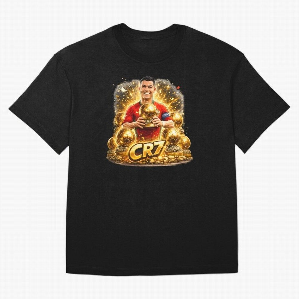 CR7 Five Ballon d'Or Trophies Cartoon ¨C Football Legend Illustration Oversized T-Shirt Bring Home FIFA World Cup 2026 for Fans of Cristiano Ronaldo, Haaland and CR7 and France and Portugal, Bringing Retro Football Energy, Iconic Rivalries, Trophy