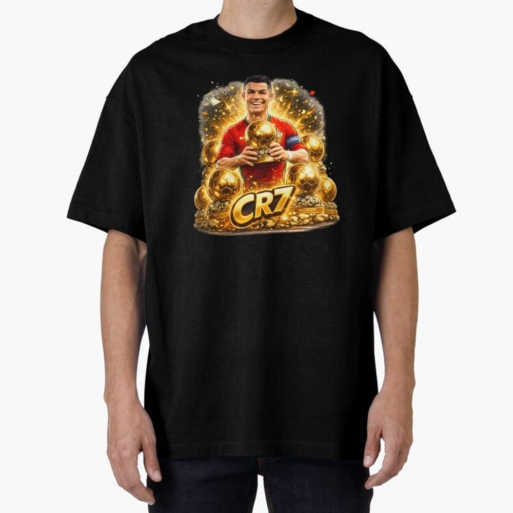 CR7 Five Ballon d'Or Trophies Cartoon ¨C Football Legend Illustration Oversized T-Shirt Bring Home FIFA World Cup 2026 for Fans of Cristiano Ronaldo, Haaland and CR7 and France and Portugal, Bringing Retro Football Energy, Iconic Rivalries, Trophy