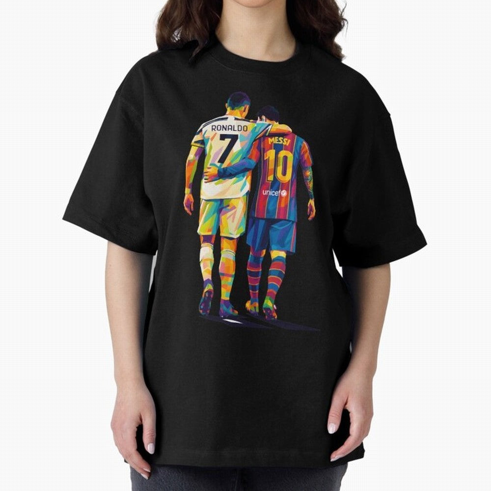 Cristiano Ronaldo and Messi Wpap Art Oversized T-Shirt Step into FIFA World Cup 2026 Group Stage Spirit, Highlighting Argentina and Brazil, Haaland, Championship Spirit, Famous Goals, Roaring Crowds and International Football Unity; Created for
