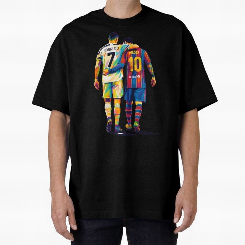 Cristiano Ronaldo and Messi Wpap Art Oversized T-Shirt Step into FIFA World Cup 2026 Group Stage Spirit, Highlighting Argentina and Brazil, Haaland, Championship Spirit, Famous Goals, Roaring Crowds and International Football Unity; Created for