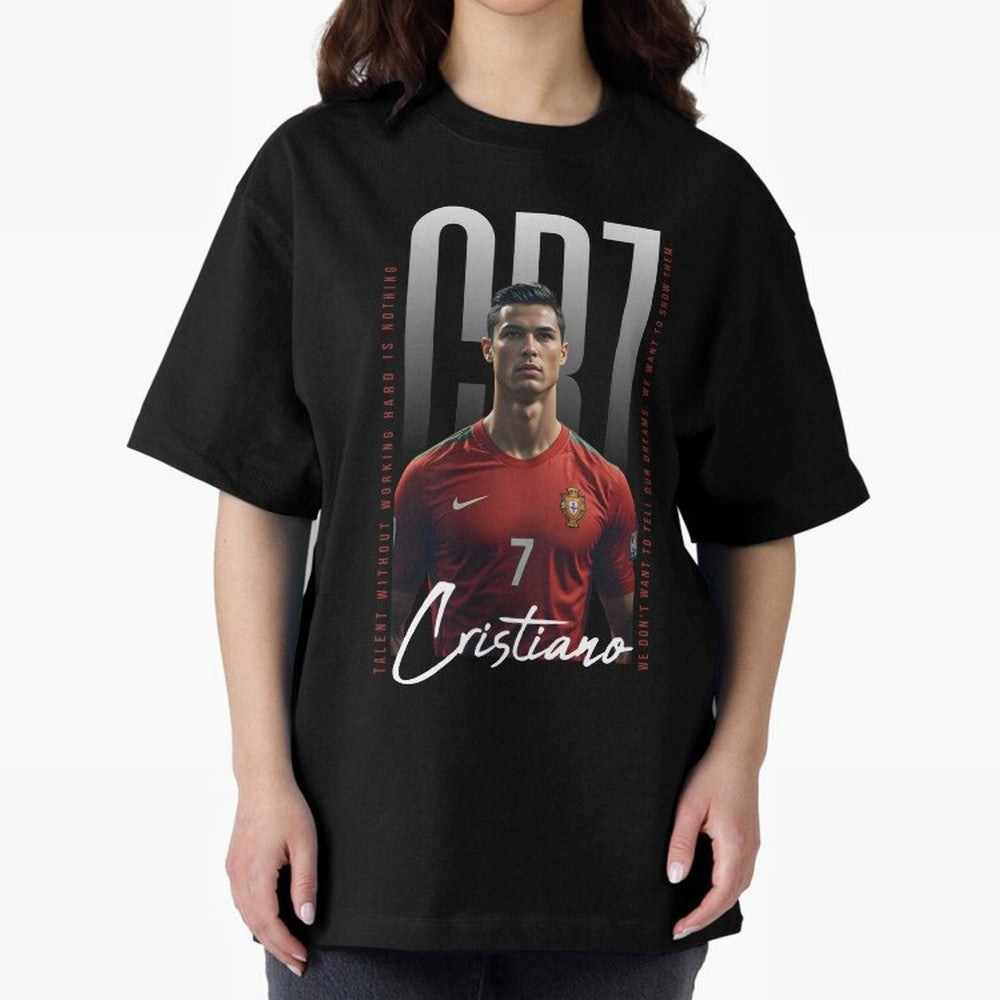 Cristiano Ronaldo Oversized T-Shirt Stand with FIFA World Cup 2026 USA Canada Mexico Spirit, Connected to France and Portugal, Messi, Neymar and Mbappe, Vintage Soccer Flavor, Modern Football Stars, National Flags and Final Night Emotion; Made for