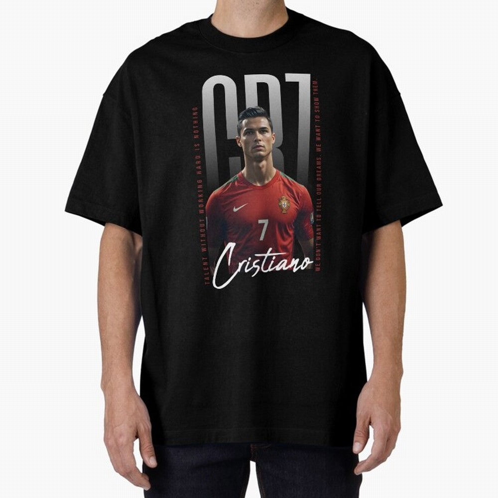 Cristiano Ronaldo Oversized T-Shirt Stand with FIFA World Cup 2026 USA Canada Mexico Spirit, Connected to France and Portugal, Messi, Neymar and Mbappe, Vintage Soccer Flavor, Modern Football Stars, National Flags and Final Night Emotion; Made for