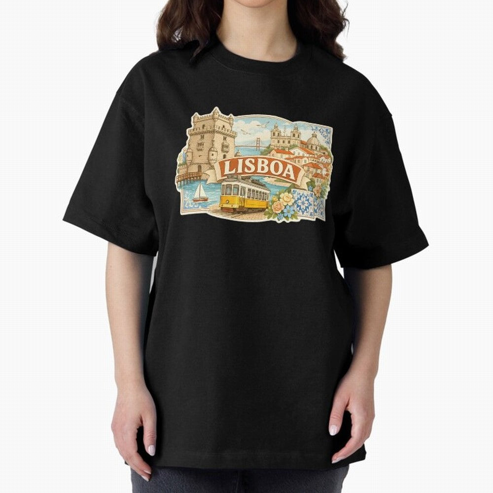 Vintage Tram Lisbon Illustration Oversized T-Shirt Celebrate National Team Dreams in FIFA World Cup 2026 USA Canada Mexico for Fans of CR7 and Messi and Spain, Bringing Sports Nostalgia, International Competition, Famous Players and Unforgettable
