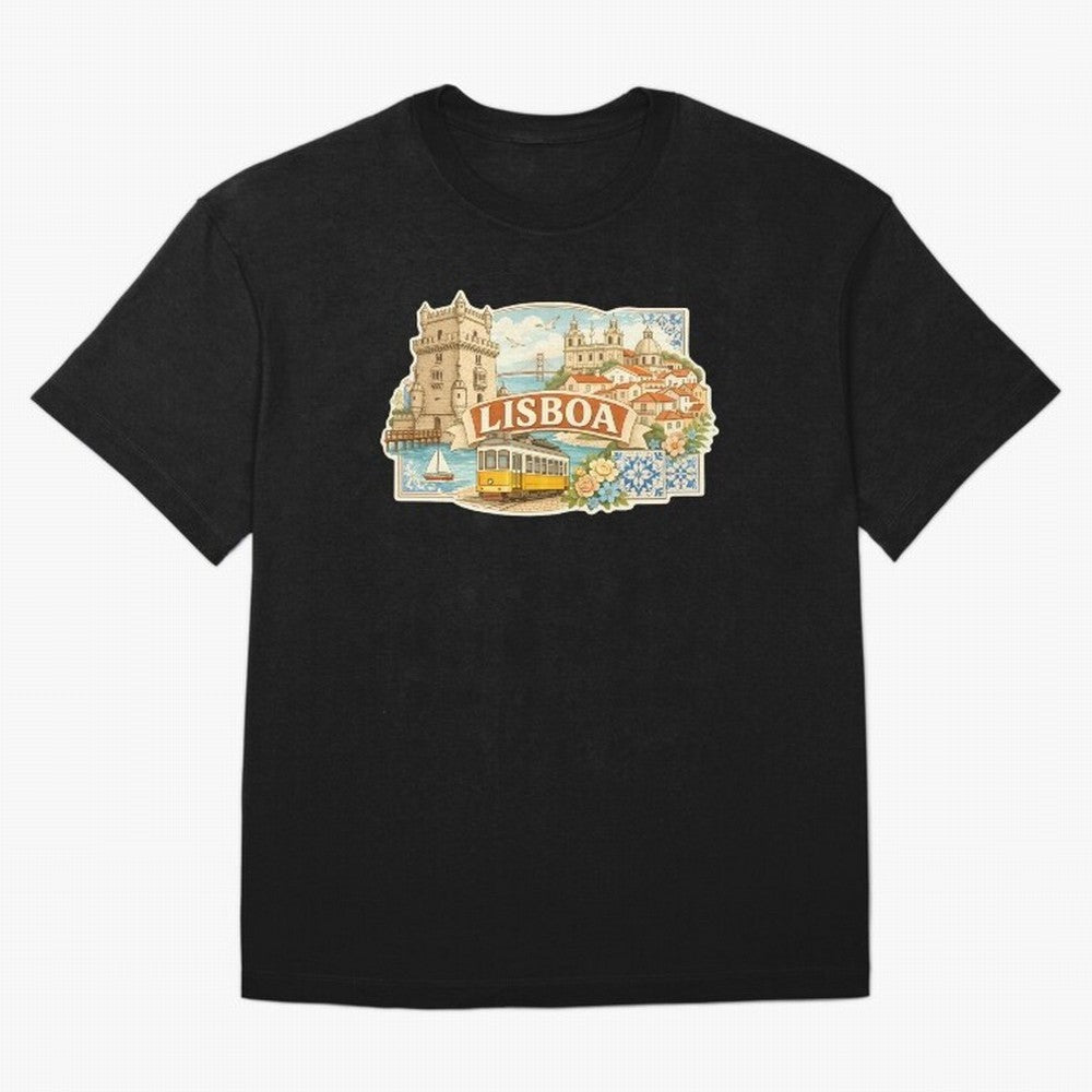 Vintage Tram Lisbon Illustration Oversized T-Shirt Celebrate National Team Dreams in FIFA World Cup 2026 USA Canada Mexico for Fans of CR7 and Messi and Spain, Bringing Sports Nostalgia, International Competition, Famous Players and Unforgettable