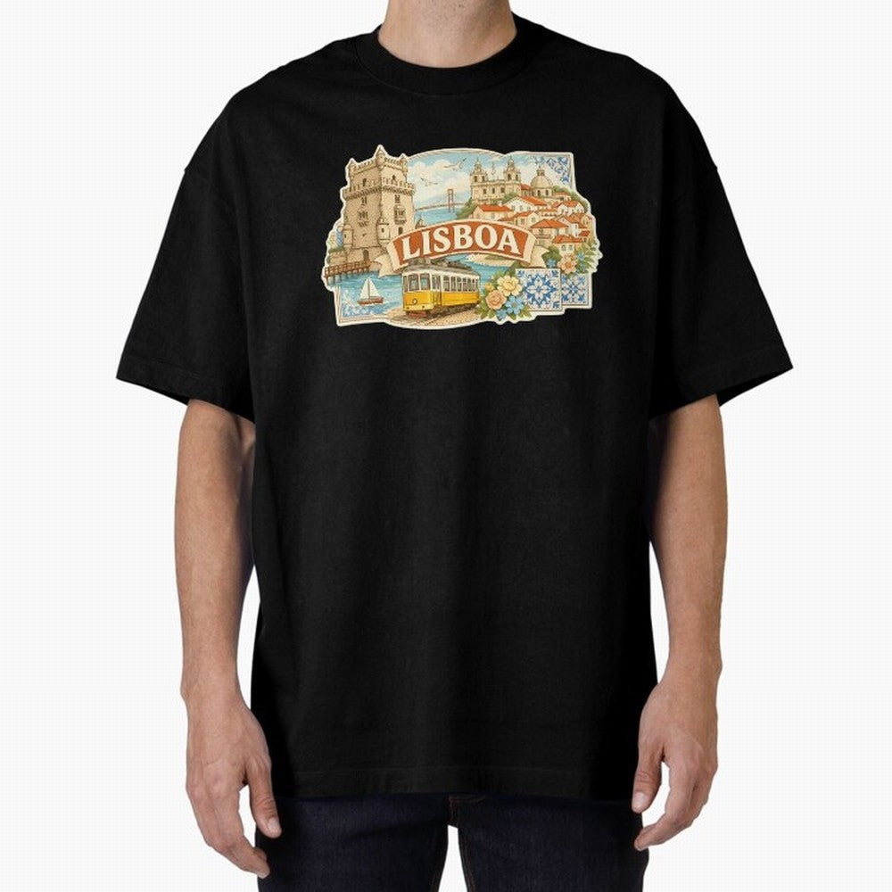 Vintage Tram Lisbon Illustration Oversized T-Shirt Celebrate National Team Dreams in FIFA World Cup 2026 USA Canada Mexico for Fans of CR7 and Messi and Spain, Bringing Sports Nostalgia, International Competition, Famous Players and Unforgettable