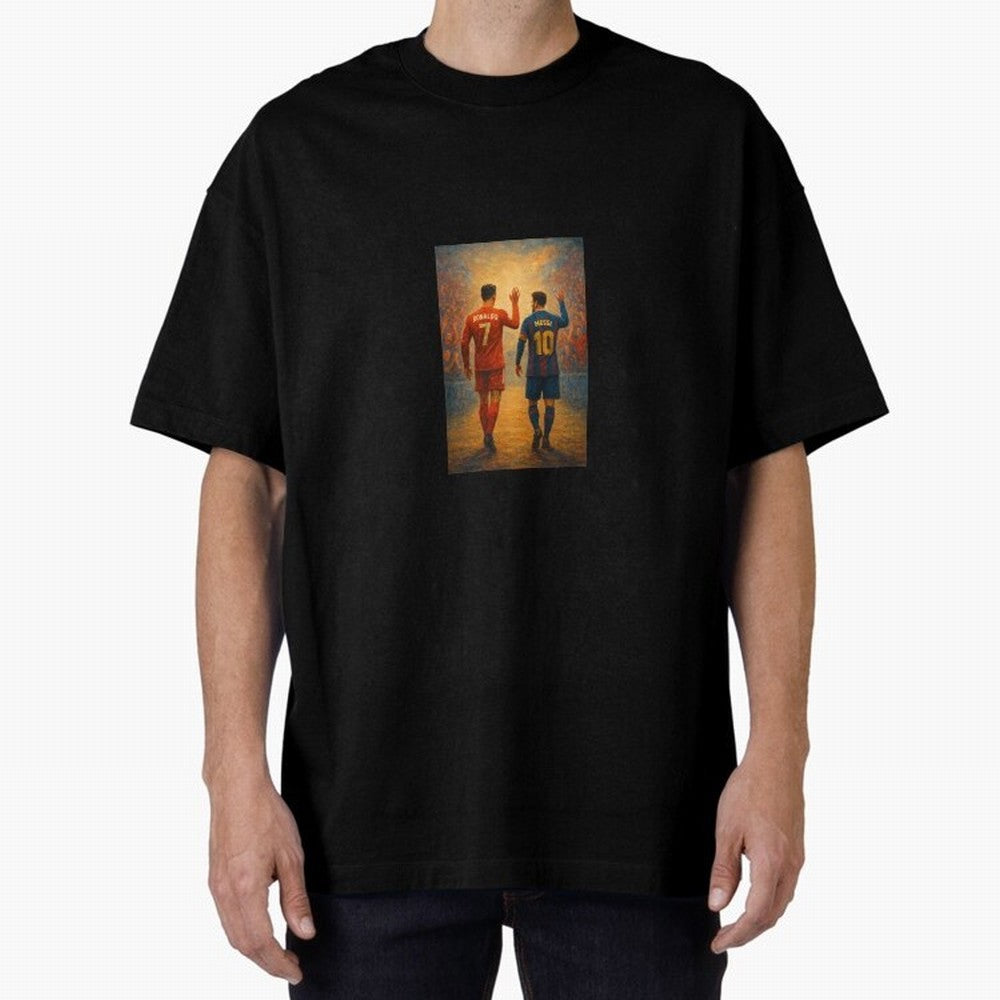 Cristiano Ronaldo and Messi Art Sticker Oversized T-Shirt Bring Supporter Culture to Global Football Passion for FIFA World Cup 2026, Celebrating Messi, Neymar and Mbappe, Portugal, Spain and Germany, Football Passion, Legendary Performances,