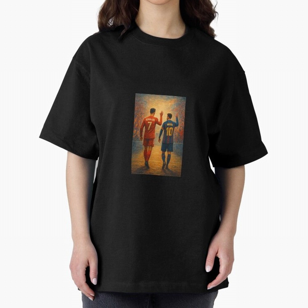 Cristiano Ronaldo and Messi Art Sticker Oversized T-Shirt Bring Supporter Culture to Global Football Passion for FIFA World Cup 2026, Celebrating Messi, Neymar and Mbappe, Portugal, Spain and Germany, Football Passion, Legendary Performances,