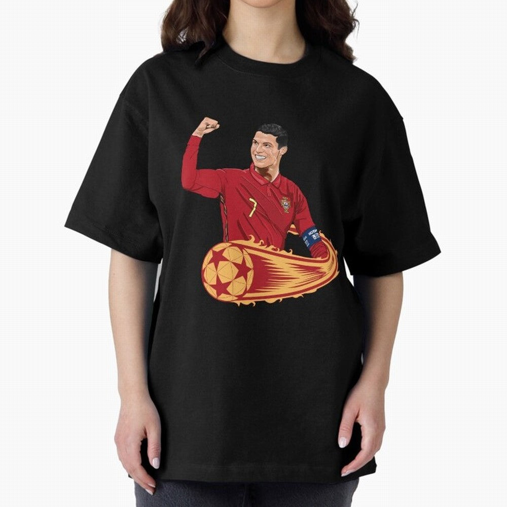 Cristiano Ronaldo drawing Oversized T-Shirt Remember Iconic Moments from Global Football Passion for FIFA World Cup 2026 USA Canada Mexico, Celebrating Mbappe and Neymar, Portugal, Football Festival Excitement, Trophy Ambitions, Country Rivalries
