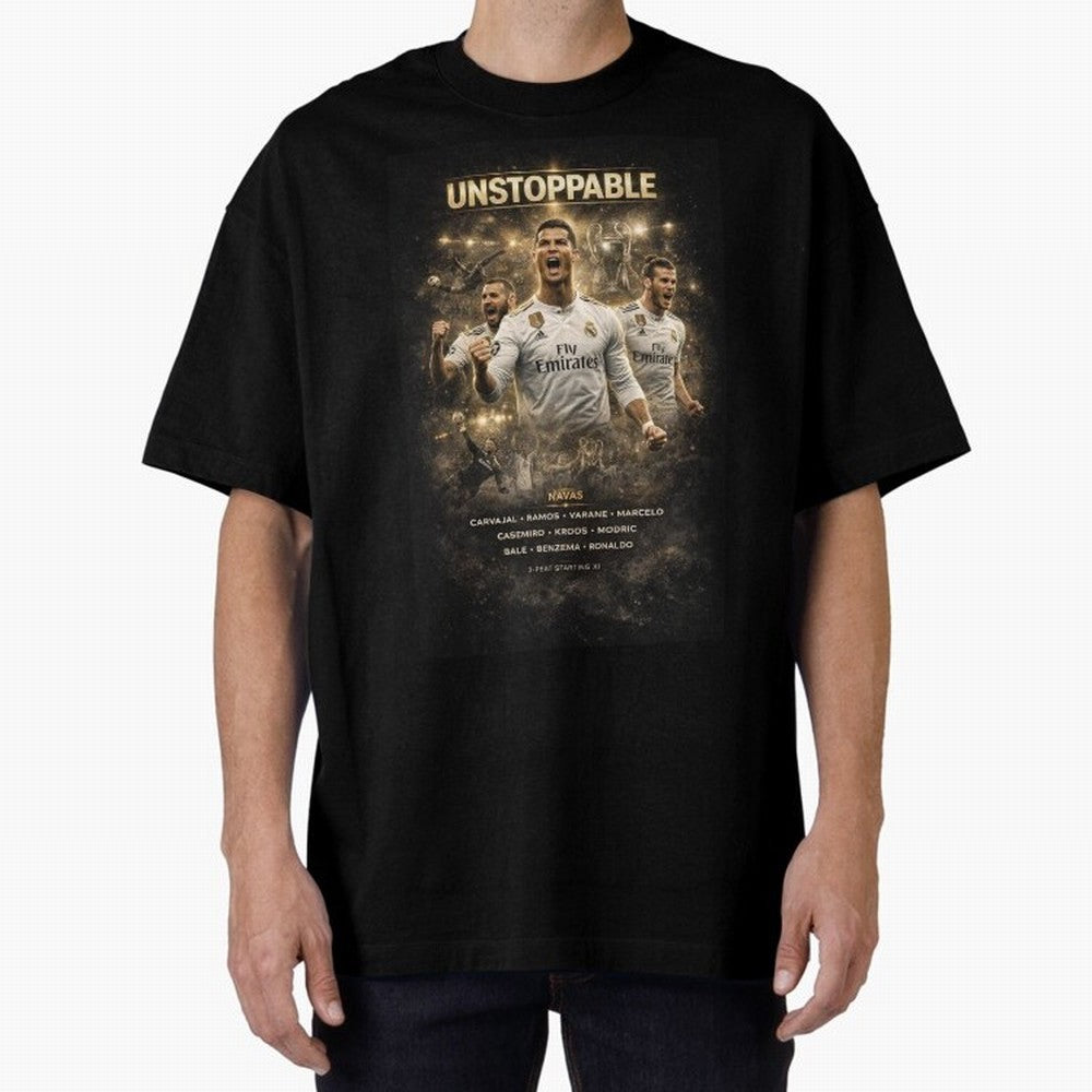 Unstoppable - Real Madrid Oversized T-Shirt Support the FIFA World Cup 2026 USA Canada Mexico Journey through Cristiano Ronaldo Highlights, England, France and Netherlands Pride, Football Passion, Legendary Performances, Festival Vibes and