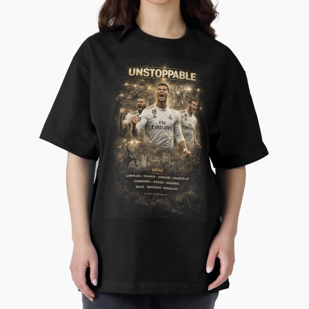 Unstoppable - Real Madrid Oversized T-Shirt Support the FIFA World Cup 2026 USA Canada Mexico Journey through Cristiano Ronaldo Highlights, England, France and Netherlands Pride, Football Passion, Legendary Performances, Festival Vibes and