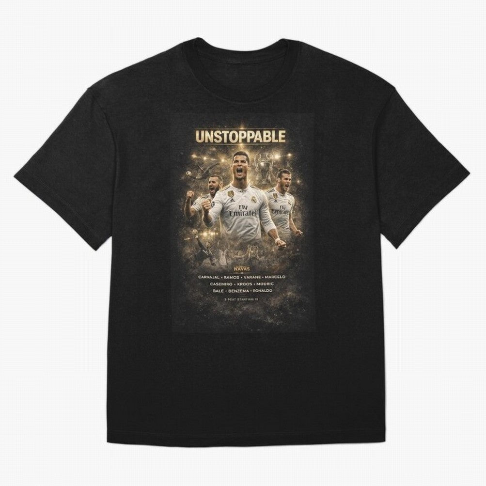 Unstoppable - Real Madrid Oversized T-Shirt Support the FIFA World Cup 2026 USA Canada Mexico Journey through Cristiano Ronaldo Highlights, England, France and Netherlands Pride, Football Passion, Legendary Performances, Festival Vibes and