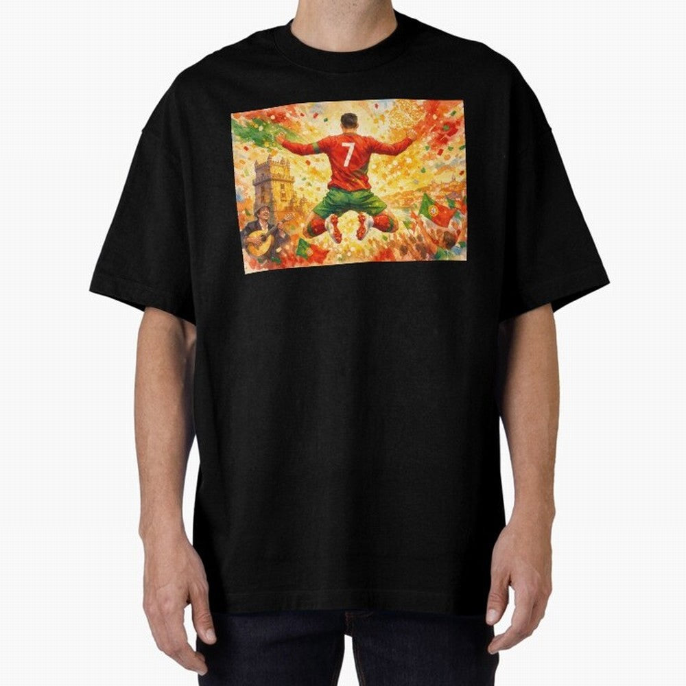 Soccer Player in Mid-Air Celebration Legend CR7 Oversized T-Shirt Support Global Football Passion for FIFA World Cup 2026 USA Canada Mexico, Built around CR7 and Messi, England, France and Netherlands, Worldwide Fan Energy, Dramatic Goals, Stadium