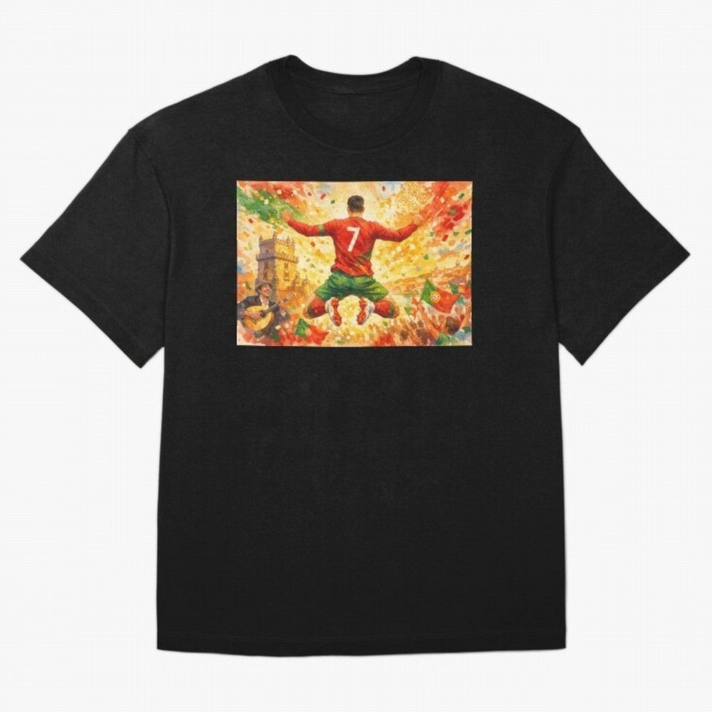Soccer Player in Mid-Air Celebration Legend CR7 Oversized T-Shirt Support Global Football Passion for FIFA World Cup 2026 USA Canada Mexico, Built around CR7 and Messi, England, France and Netherlands, Worldwide Fan Energy, Dramatic Goals, Stadium