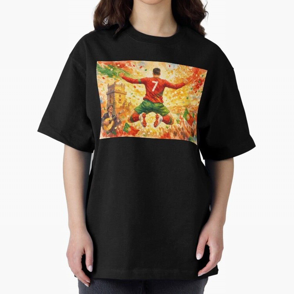 Soccer Player in Mid-Air Celebration Legend CR7 Oversized T-Shirt Support Global Football Passion for FIFA World Cup 2026 USA Canada Mexico, Built around CR7 and Messi, England, France and Netherlands, Worldwide Fan Energy, Dramatic Goals, Stadium