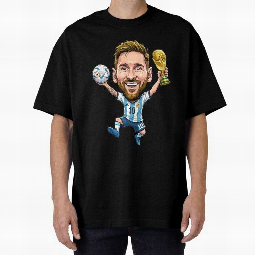 Messi Campion Caricatur Oversized T-Shirt Wear the Spirit of the FIFA World Cup 2026 Journey through CR7 and Messi Highlights, Spain and Netherlands Pride, Goal Celebration Energy, Supporter Heritage, Football Icons and Worldwide Tournament Joy;