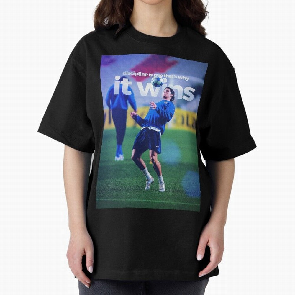 Cristiano Ronaldo - Discipline is rare that's why it wins Oversized T-Shirt Feel International Energy from FIFA World Cup 2026 USA Canada Mexico Spirit, Capturing Argentina and Brazil, Messi, Championship Spirit, Famous Goals, Roaring Crowds and