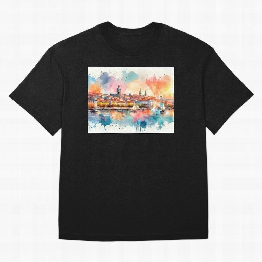 Lisbon cityscape with sailboats Oversized T-Shirt Celebrate the Stars of FIFA World Cup 2026 Spirit, Connected to Brazil, Mbappe and Neymar, Football Festival Excitement, Trophy Ambitions, Country Rivalries and Star Player Buzz; Created for Match
