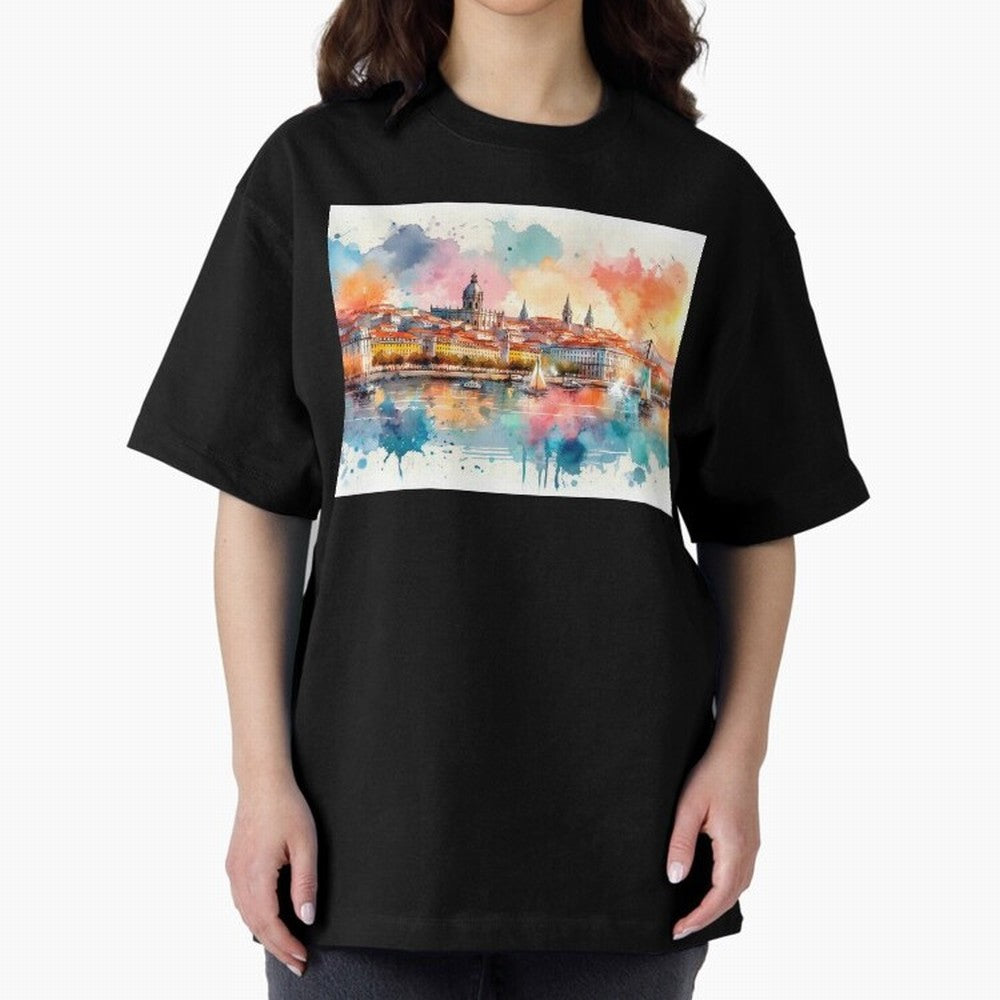 Lisbon cityscape with sailboats Oversized T-Shirt Celebrate the Stars of FIFA World Cup 2026 Spirit, Connected to Brazil, Mbappe and Neymar, Football Festival Excitement, Trophy Ambitions, Country Rivalries and Star Player Buzz; Created for Match