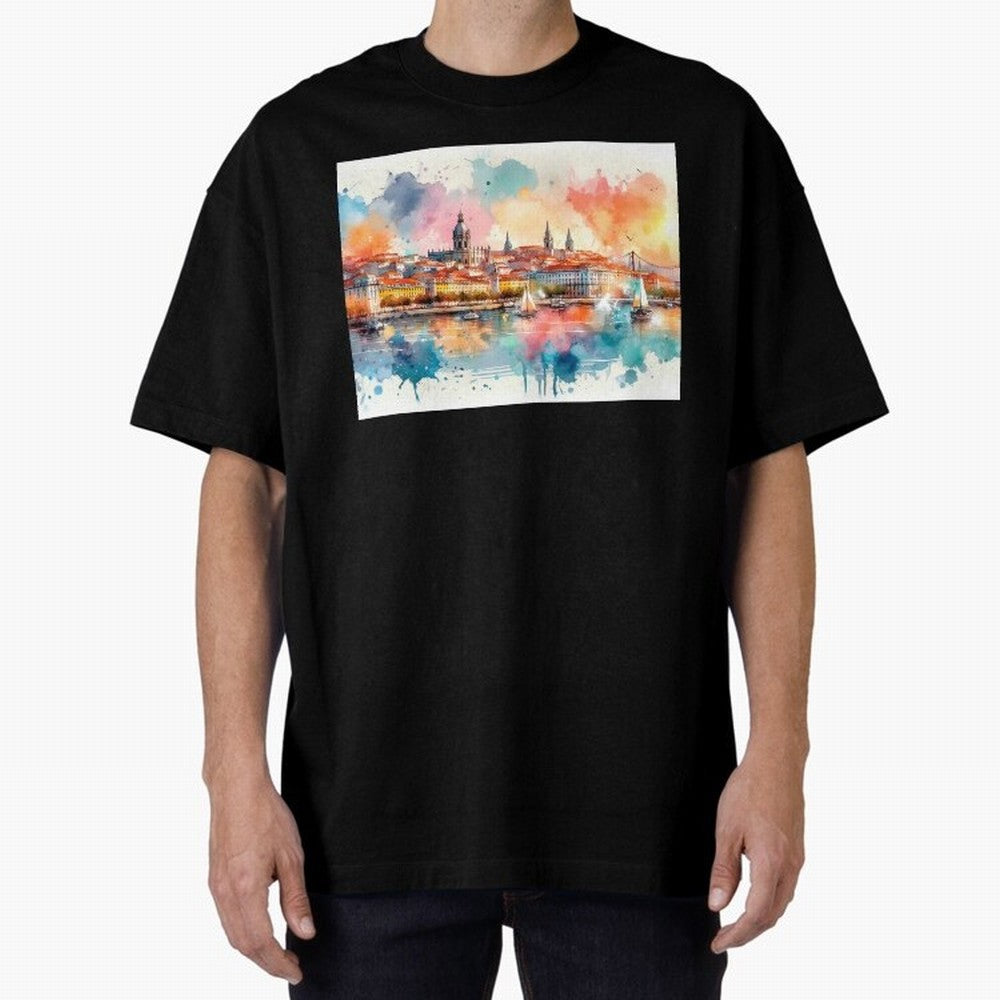 Lisbon cityscape with sailboats Oversized T-Shirt Celebrate the Stars of FIFA World Cup 2026 Spirit, Connected to Brazil, Mbappe and Neymar, Football Festival Excitement, Trophy Ambitions, Country Rivalries and Star Player Buzz; Created for Match