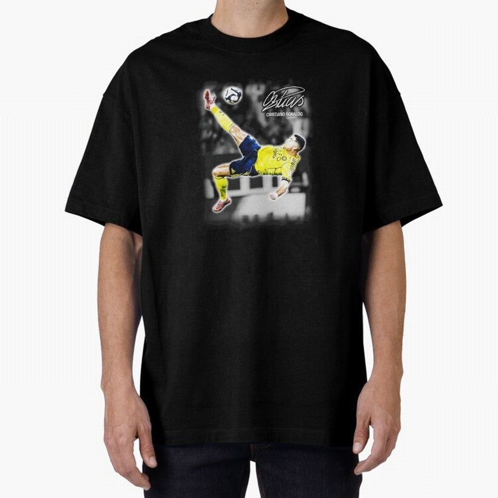Cristiano Ronaldo Bicycle Kick Oversized T-Shirt Bring a Champion Mindset to Global Football Passion for FIFA World Cup 2026, Capturing Mbappe and Neymar, England, France and Netherlands, Classic Soccer Heritage, Championship Pressure, Fan Loyalty