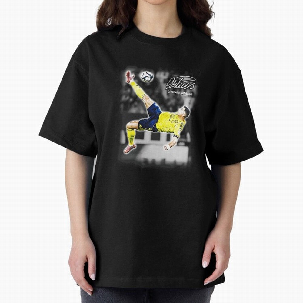 Cristiano Ronaldo Bicycle Kick Oversized T-Shirt Bring a Champion Mindset to Global Football Passion for FIFA World Cup 2026, Capturing Mbappe and Neymar, England, France and Netherlands, Classic Soccer Heritage, Championship Pressure, Fan Loyalty