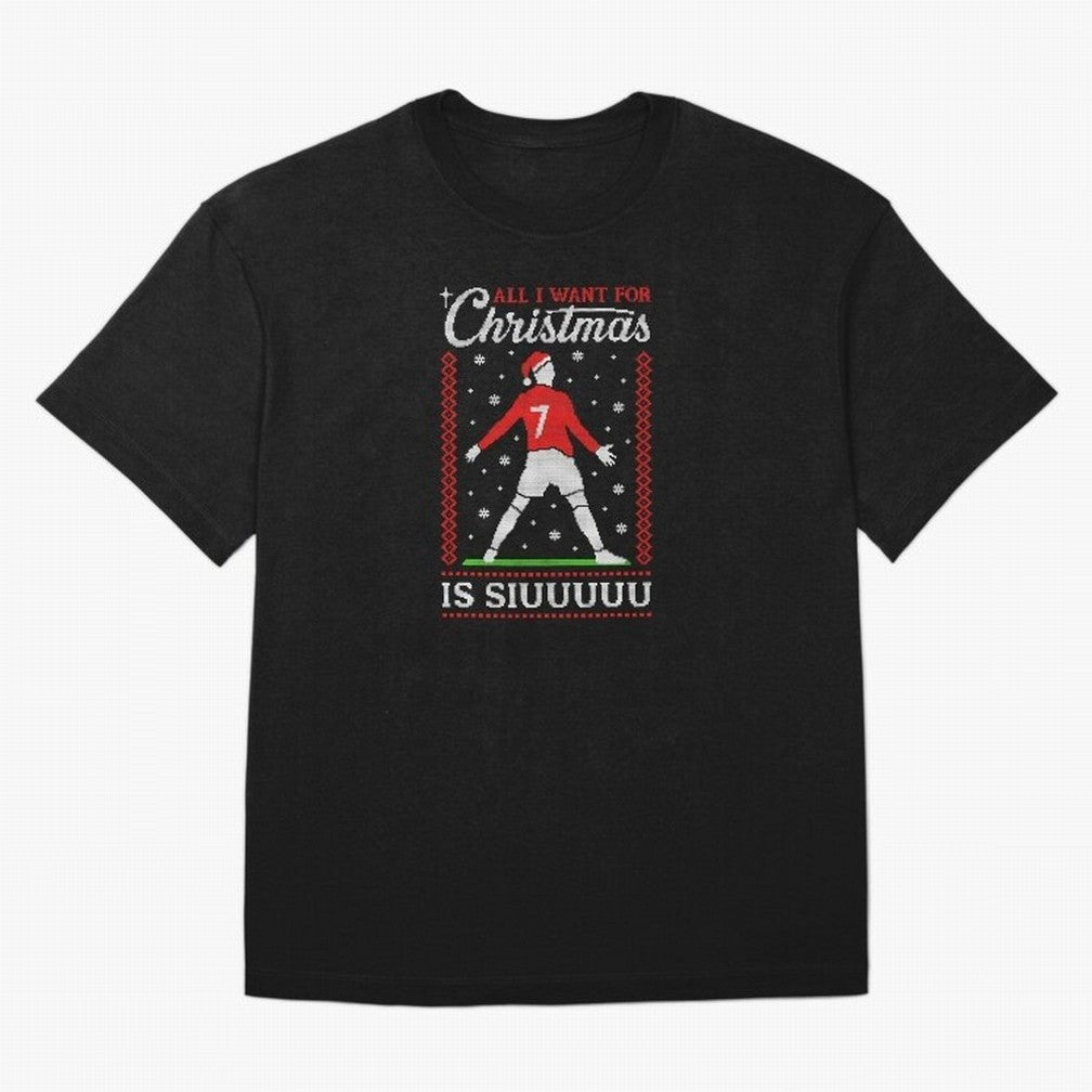 All I Want For Christmas Is Siuu Funny Christmas Festive Knitted Oversized T-Shirt Show Fan Pride Across FIFA World Cup 2026 Spirit, Capturing Netherlands, Messi, Neymar and Mbappe, Vintage Soccer Flavor, Modern Football Stars, National Flags and