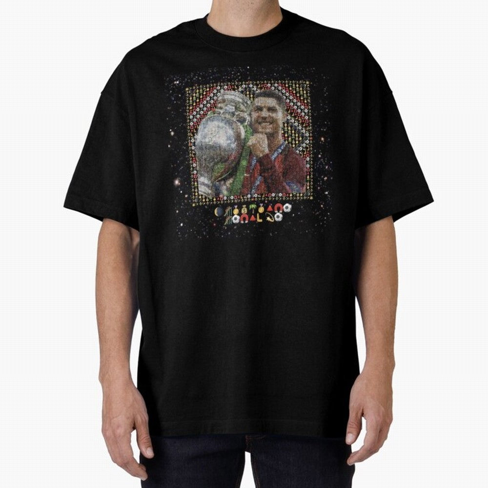 Cristiano Ronaldo Inspired Emoji Mosaic Art ¨C Football Champion Trophy Tribute Poster Oversized T-Shirt Show Your Love for FIFA World Cup 2026 Spirit, with Portugal, Spain and Germany, Messi, CR7 and Mbappe, Stadium Chants, National Pride, Trophy