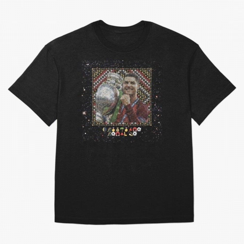 Cristiano Ronaldo Inspired Emoji Mosaic Art ¨C Football Champion Trophy Tribute Poster Oversized T-Shirt Show Your Love for FIFA World Cup 2026 Spirit, with Portugal, Spain and Germany, Messi, CR7 and Mbappe, Stadium Chants, National Pride, Trophy