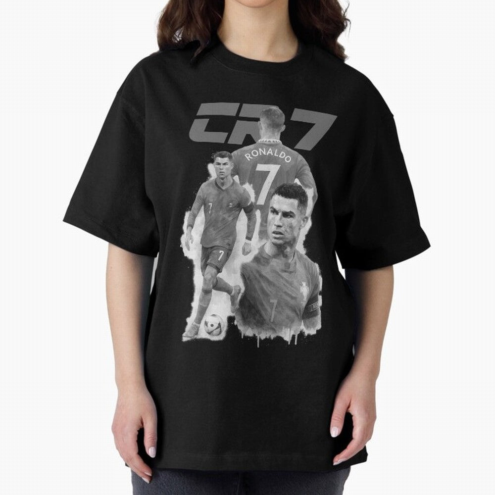 CR7 Cristiano Ronaldo illustration ink black white watercolour Oversized T-Shirt Show Match Day Excitement for Match Day Hype around FIFA World Cup 2026 Group Stage, Messi, Neymar and Mbappe, Brazil, Portugal and Argentina, Sports Nostalgia,