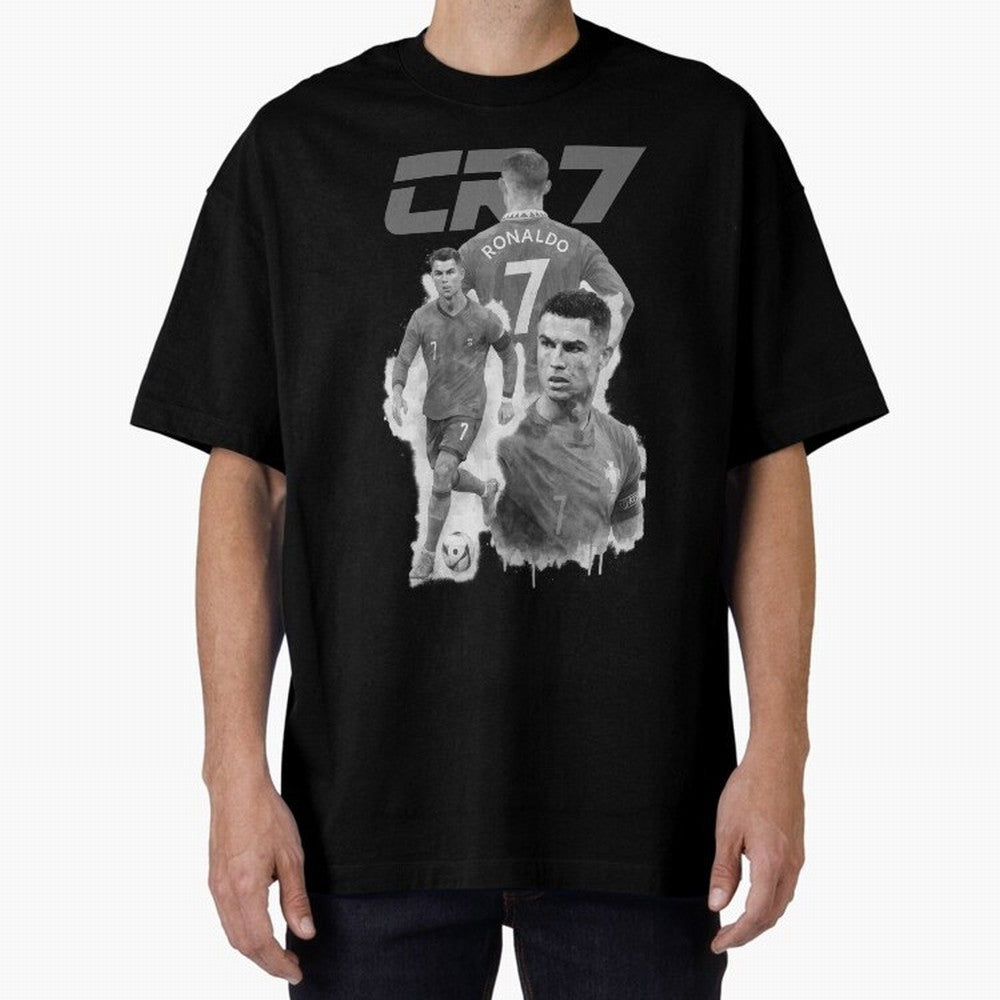 CR7 Cristiano Ronaldo illustration ink black white watercolour Oversized T-Shirt Show Match Day Excitement for Match Day Hype around FIFA World Cup 2026 Group Stage, Messi, Neymar and Mbappe, Brazil, Portugal and Argentina, Sports Nostalgia,