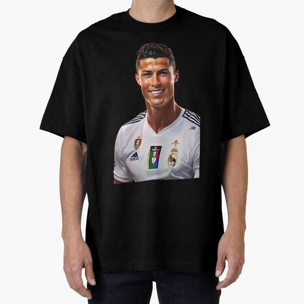 smiling Cristiano Ronaldo Oversized T-Shirt Discover FIFA World Cup 2026 USA Canada Mexico for Fans of Mbappe and Netherlands, Bringing Vintage Soccer Flavor, Modern Football Stars, National Flags and Final Night Emotion; Great for Supporters Who