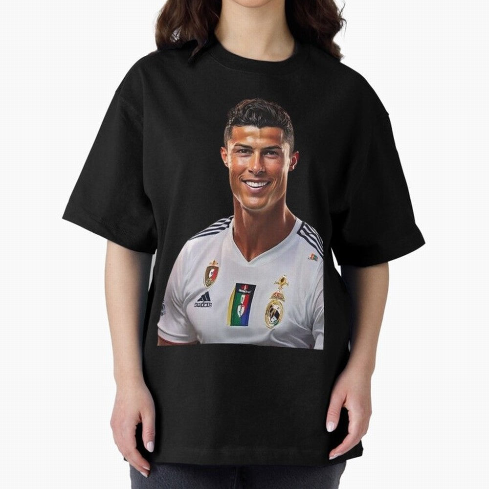 smiling Cristiano Ronaldo Oversized T-Shirt Discover FIFA World Cup 2026 USA Canada Mexico for Fans of Mbappe and Netherlands, Bringing Vintage Soccer Flavor, Modern Football Stars, National Flags and Final Night Emotion; Great for Supporters Who