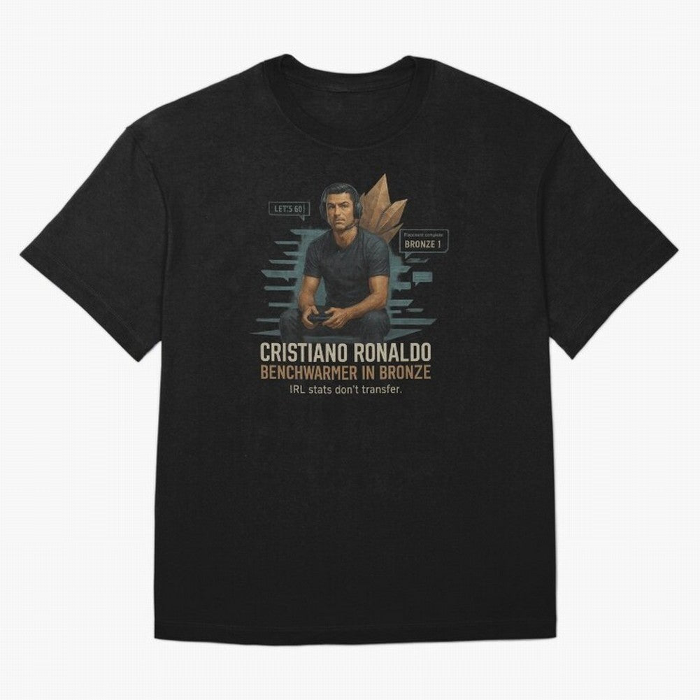 Cristiano Ronaldo Bronze Gamer ¨C Benchwarmers IRL Stats Don¡¯t Transfer Oversized T-Shirt Build FIFA World Cup 2026 Made for Mbappe and Neymar, Germany Energy, Vintage Soccer Flavor, Modern Football Stars, National Flags and Final Night Emotion;