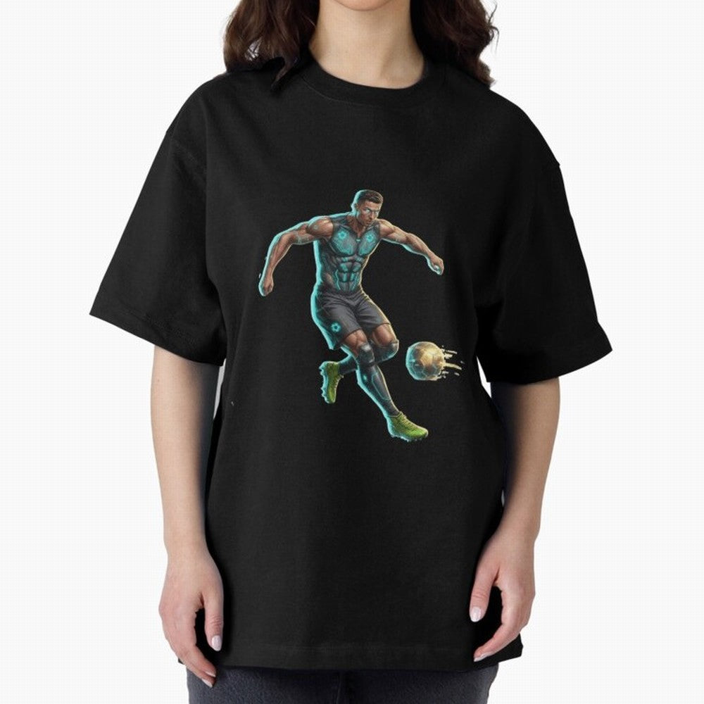 Cyberpunk Cristiano Ronaldo: Futuristic CR7 Kicking Glowing Soccer Ball Fan Art Oversized T-Shirt Stand Out with Spirit from Global Football Passion for FIFA World Cup 2026 Group Stage, Connected to Neymar, France and Portugal, Match Day