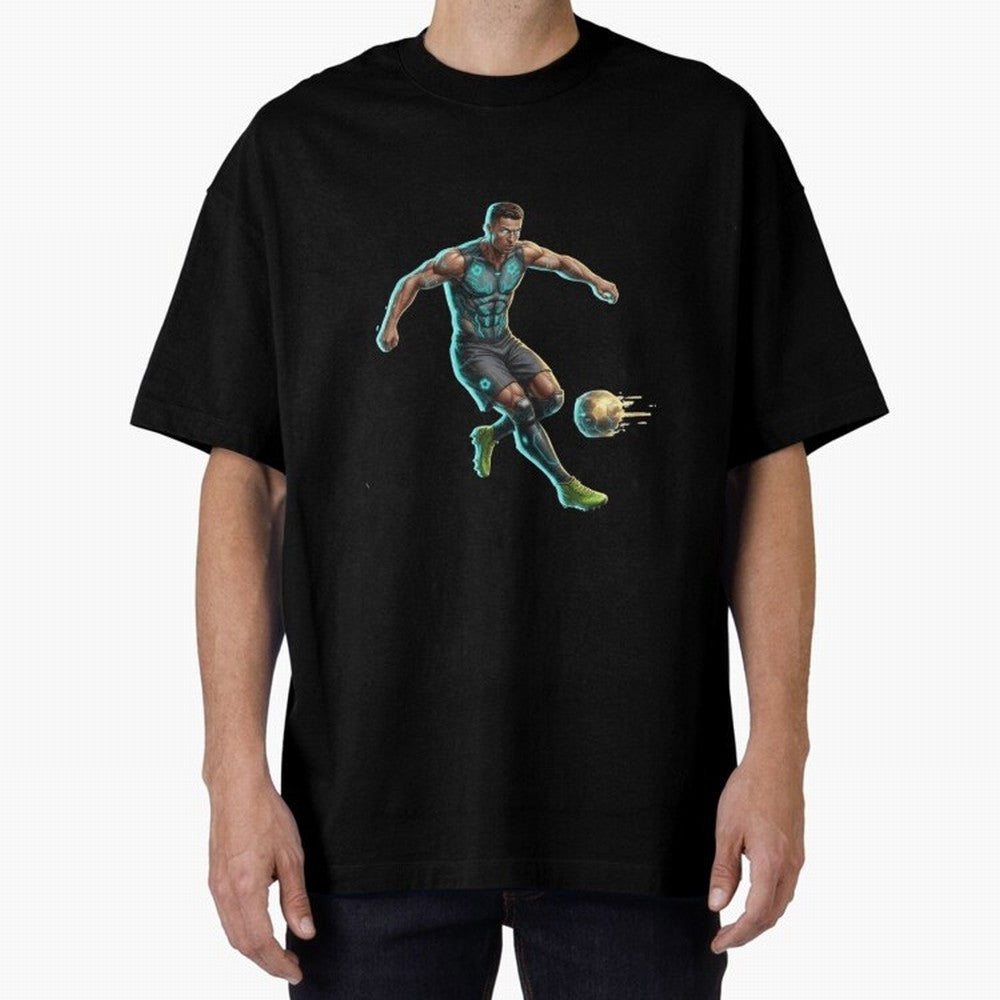 Cyberpunk Cristiano Ronaldo: Futuristic CR7 Kicking Glowing Soccer Ball Fan Art Oversized T-Shirt Stand Out with Spirit from Global Football Passion for FIFA World Cup 2026 Group Stage, Connected to Neymar, France and Portugal, Match Day