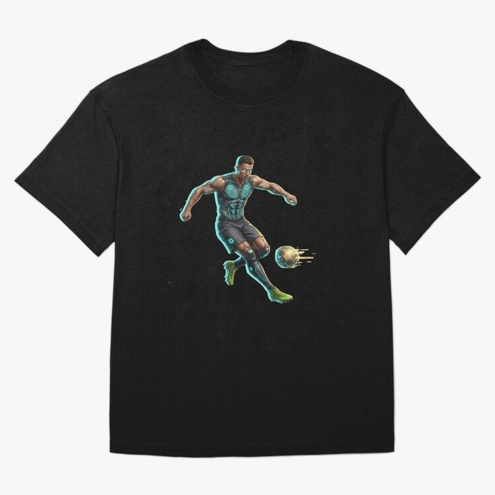 Cyberpunk Cristiano Ronaldo: Futuristic CR7 Kicking Glowing Soccer Ball Fan Art Oversized T-Shirt Stand Out with Spirit from Global Football Passion for FIFA World Cup 2026 Group Stage, Connected to Neymar, France and Portugal, Match Day