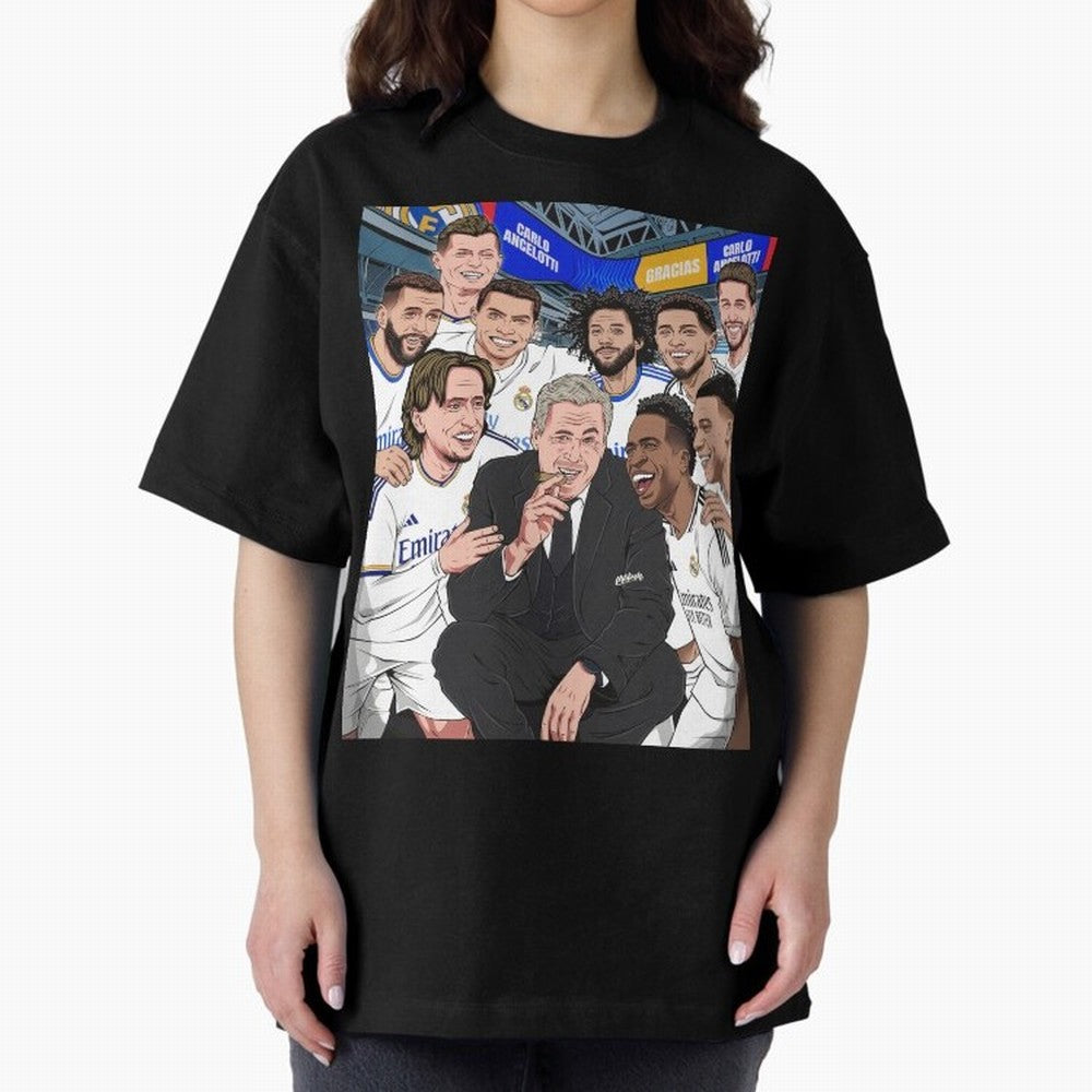 Carlo Ancelotti and Real Madrid Players Oversized T-Shirt Capture FIFA World Cup 2026 Group Stage for Fans of Haaland and England and Germany, Bringing Football Passion, Legendary Performances, Festival Vibes and Supporter Community; Made for Die