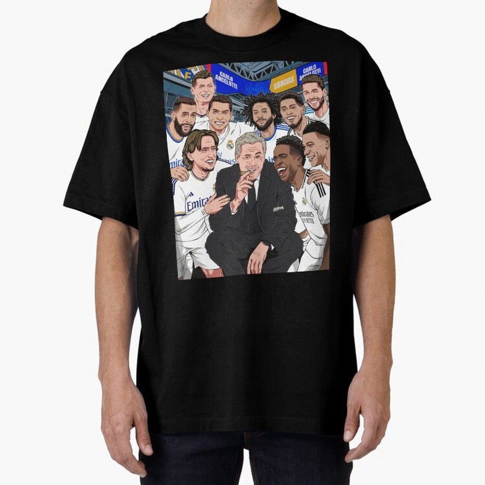 Carlo Ancelotti and Real Madrid Players Oversized T-Shirt Capture FIFA World Cup 2026 Group Stage for Fans of Haaland and England and Germany, Bringing Football Passion, Legendary Performances, Festival Vibes and Supporter Community; Made for Die