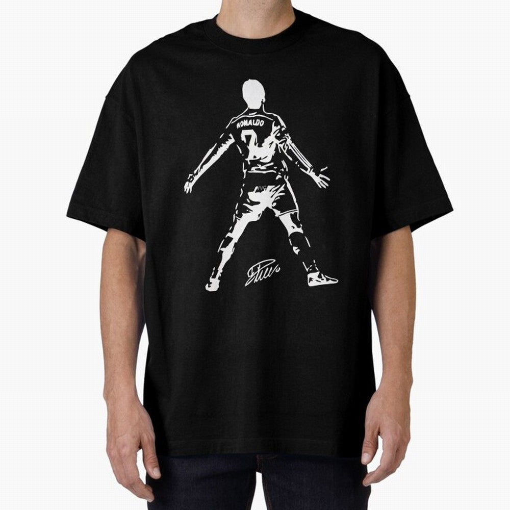 Retro Football Player Celebration Silhouette Artwork For Men And Gift For Soccer Fans Oversized T-Shirt Remember Iconic Moments from Global Football Passion for FIFA World Cup 2026 USA Canada Mexico, Celebrating Mbappe and Neymar, Portugal,