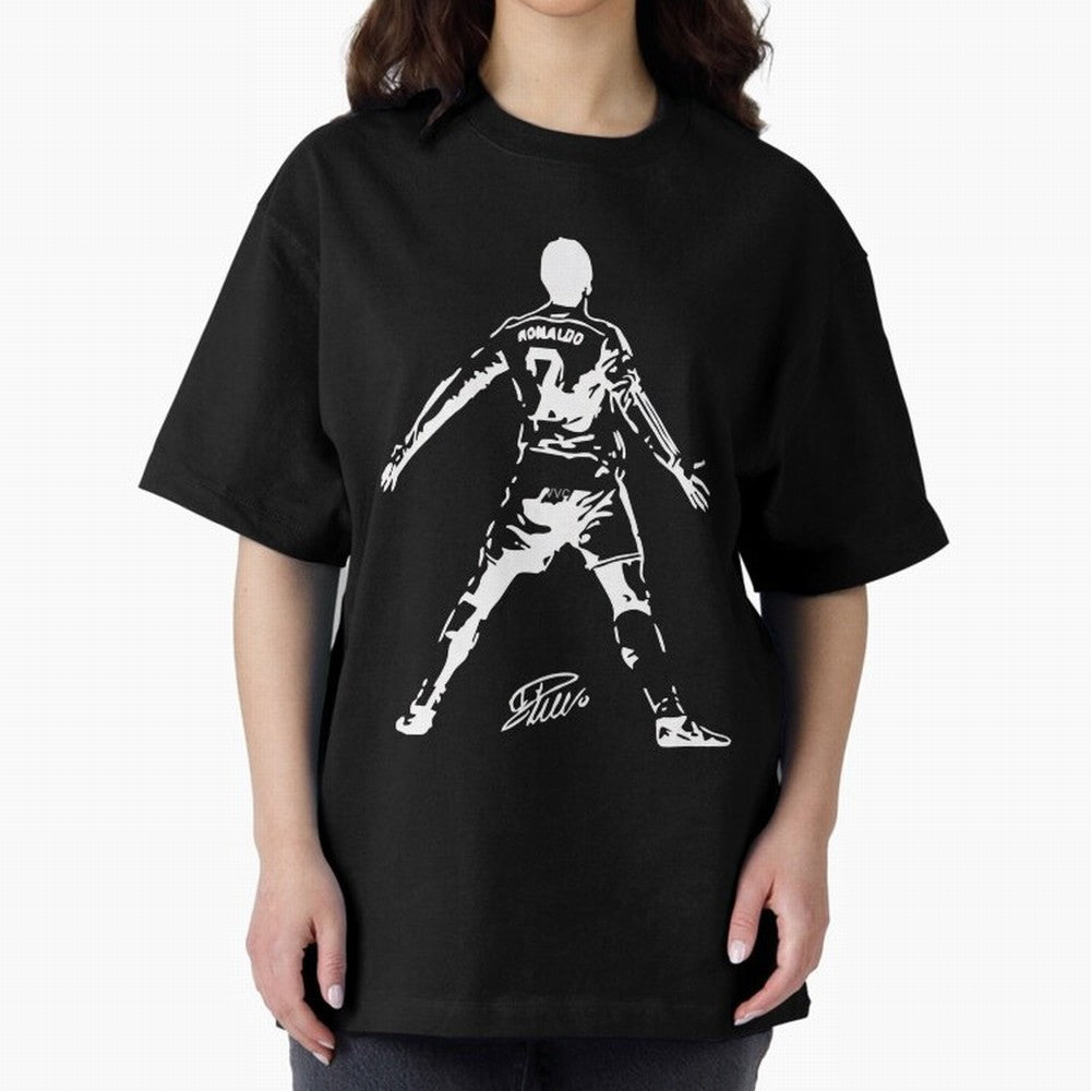 Retro Football Player Celebration Silhouette Artwork For Men And Gift For Soccer Fans Oversized T-Shirt Remember Iconic Moments from Global Football Passion for FIFA World Cup 2026 USA Canada Mexico, Celebrating Mbappe and Neymar, Portugal,