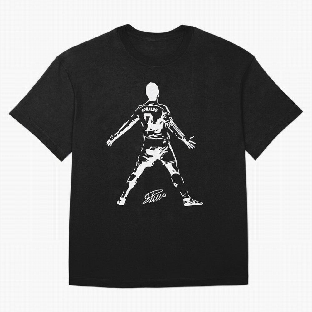 Retro Football Player Celebration Silhouette Artwork For Men And Gift For Soccer Fans Oversized T-Shirt Remember Iconic Moments from Global Football Passion for FIFA World Cup 2026 USA Canada Mexico, Celebrating Mbappe and Neymar, Portugal,