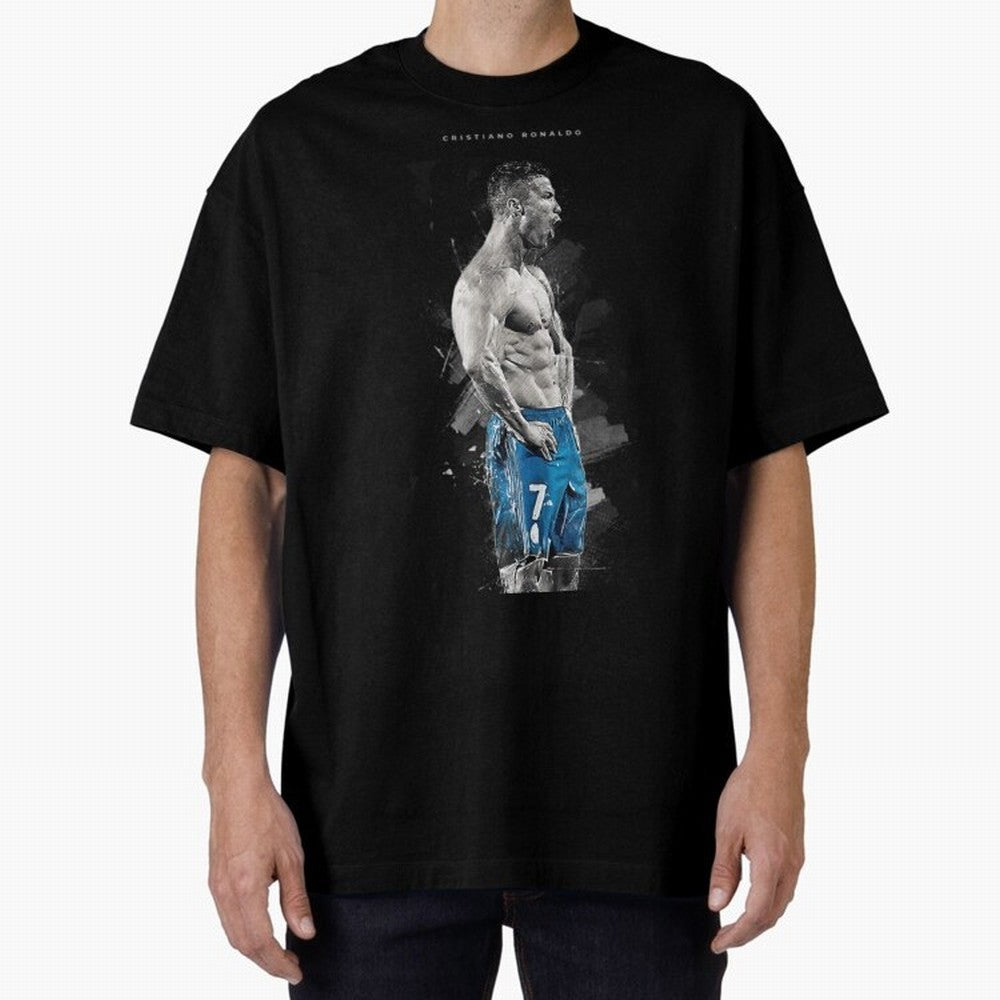 Abstract Football Player Celebration Artwork For Men And Gift For Soccer Fans Oversized T-Shirt Represent the Passion of Match Day Hype around FIFA World Cup 2026 Group Stage, Messi and Cristiano Ronaldo, France and Portugal, Vintage Soccer Flavor,