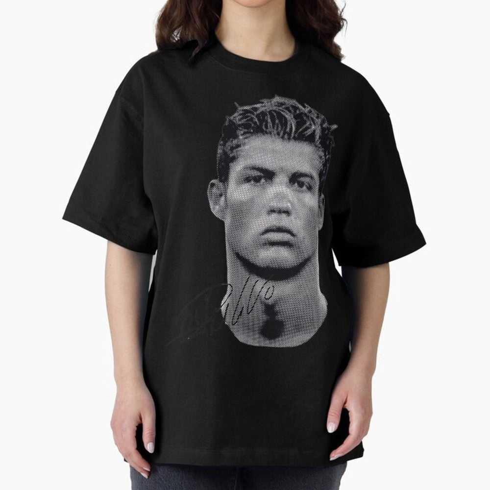 Retro Football Legend Portrait Illustration For Men And Gift For Soccer Fans Oversized T-Shirt Represent FIFA World Cup 2026 Group Stage Celebrating CR7, France and Portugal Energy, Soccer Culture, Superstar Moments, National Team Dreams and