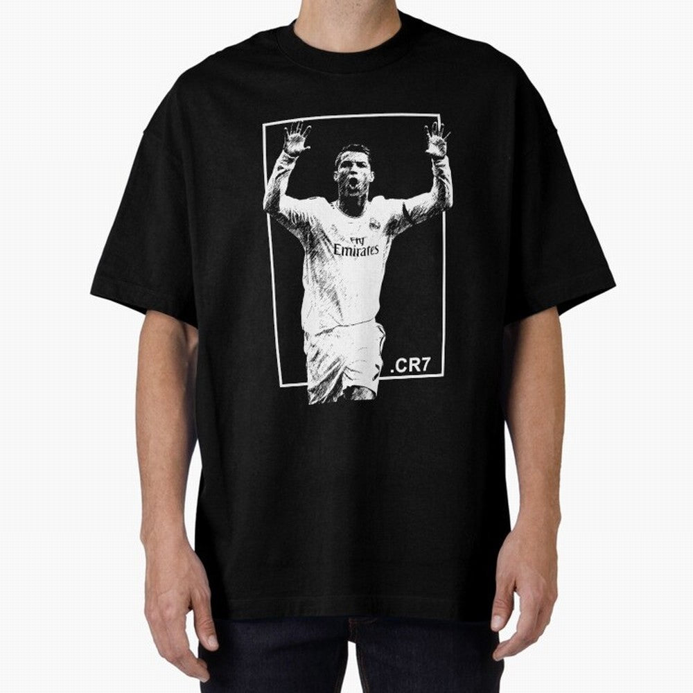 Cristiano Ronaldo CR7 in Black and White Design Oversized T-Shirt Feel the Trophy Chase of Match Day Hype around FIFA World Cup 2026 Group Stage, Messi and Cristiano Ronaldo, Spain, Goal Celebration Energy, Supporter Heritage, Football Icons and