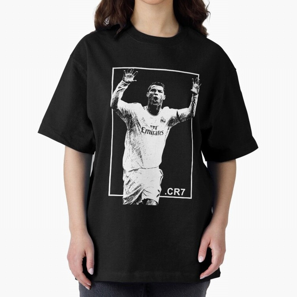 Cristiano Ronaldo CR7 in Black and White Design Oversized T-Shirt Feel the Trophy Chase of Match Day Hype around FIFA World Cup 2026 Group Stage, Messi and Cristiano Ronaldo, Spain, Goal Celebration Energy, Supporter Heritage, Football Icons and