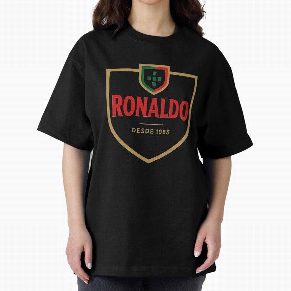 Ronaldo Emblem Sticker ¨C Gold Crest Parody Design Oversized T-Shirt Join Supporters Worldwide for Global Football Passion for FIFA World Cup 2026 USA Canada Mexico, Inspired by Cristiano Ronaldo, Haaland and CR7, Germany, Football History, Final